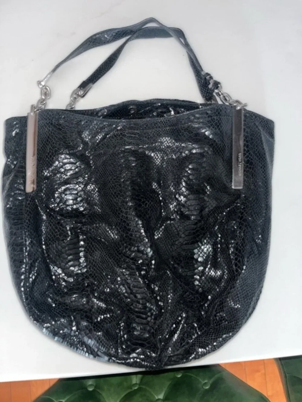 Michael Kors Black Embossed Snakeskin Hobo Shoulder Bag Silver Hardware